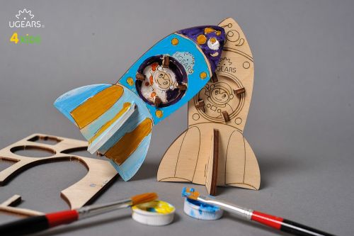 烏克蘭UGEARS 木製自我推進模型 - 4 Kids 益智著色系列 著色咻咻小火箭 Rocket​​​​​​​